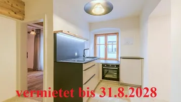 Moderne Küchenzeile mit Spüle, Backofen und Fenster, teilweise durch Text überdeckt.