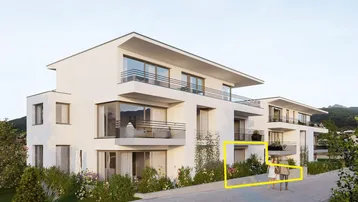 Moderne Wohnanlage mit weißer Fassade und Balkonen in grüner Umgebung, wahrscheinlich eine Visualisierung.