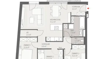 Detaillierter Grundriss einer Wohnung mit drei Zimmern, offener Wohnküche und Balkon.