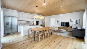 Heller, offener Wohn-Essbereich mit moderner Küche, Holzboden und Holzdecke.