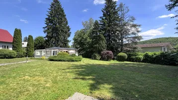Großer, gepflegter Garten mit weitläufiger Rasenfläche und hohen Nadelbäumen unter blauem Himmel.