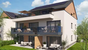Moderne Wohnanlage mit Balkonen, Terrassen und Gartenbereichen, ausgestattet mit Solarpaneelen auf dem Dach.