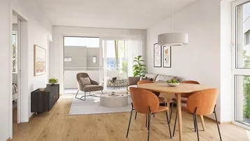 Heller, offener Wohn- und Essbereich mit Holzboden und Zugang zu einem Balkon.