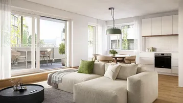 Heller, offener Wohn- und Essbereich mit moderner Einbauküche und Zugang zu einem sonnigen Balkon mit Grünblick.