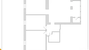 Grundriss einer Wohnung mit mehreren Zimmern, großen Fenstern und Zugang zu einem Außenbereich.