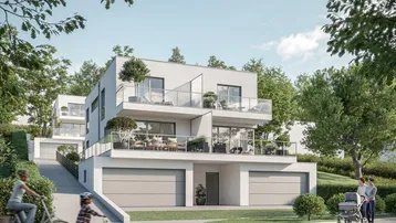 Moderne Doppelhaushälfte mit mehreren Terrassen, Garagen und umgebender Grünfläche.