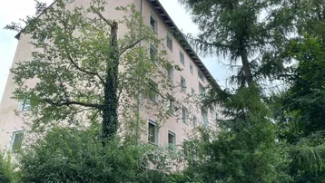 Mehrfamilienhaus mit heller Fassade, umgeben von üppigem Grün und hohen Bäumen unter bewölktem Himmel.