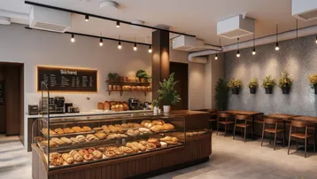 Moderne Bäckerei mit Theke, Auslage voller Backwaren und Sitzgelegenheiten für Kunden in einem hellen Raum.