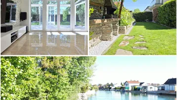 Collage aus hellem Wohnzimmer, Garten mit Grillplatz und malerischem Kanalblick.