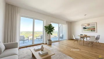 Helles Wohn- und Esszimmer mit Holzboden, großen Fenstern und Zugang zur Terrasse.