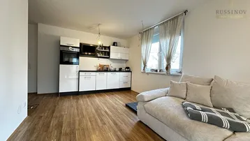 Heller Wohn- und Essbereich mit integrierter Küche, Parkettboden und Fenster.