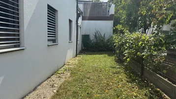 Seitlicher Gartenbereich des Hauses mit Rasenfläche, Büschen und einem Zaun.