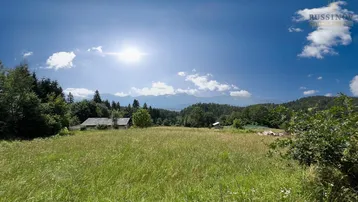 Weitläufige Wiesenlandschaft mit Blick auf ferne Berge und bewaldete Hügel unter blauem Himmel.