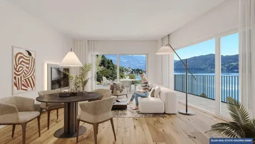 Helles Wohn- und Esszimmer mit Holzboden, großen Fenstern und Seeblick, ideal für entspannte Stunden.