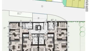 Grundriss des Erdgeschosses mit Wohnungen, Terrassen, Gärten und oberirdischen Stellplätzen.
