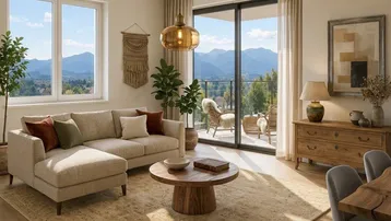 Helles Wohnzimmer mit Bergblick, Holzboden und Zugang zum Balkon, modern eingerichtet.