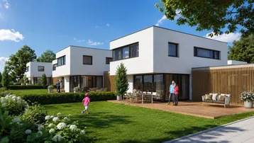 Moderne Einfamilienhäuser mit großzügigen Gärten und Terrassen in sonniger Lage.
