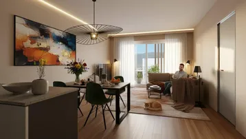 Heller offener Wohn- und Essbereich mit Holzboden, moderner Einrichtung und Zugang zum Balkon mit Bergblick.
