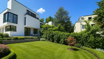 Moderne weiße Villa mit gepflegtem Rasen und üppiger Bepflanzung unter blauem Himmel.