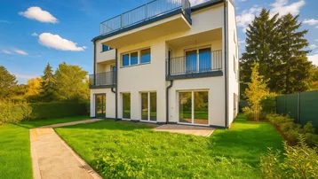 Modernes Mehrfamilienhaus mit weißer Fassade, Balkonen und Dachterrasse, umgeben von Grünflächen.
