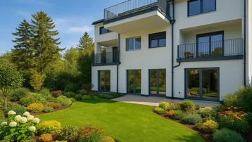 Moderne Wohnanlage mit gepflegtem Gartenbereich, Rasenfläche und üppiger Bepflanzung unter blauem Himmel.