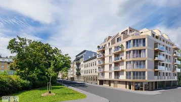 Straßenansicht der modernen Wohnanlage, harmonisch in die bestehende Bebauung integriert.