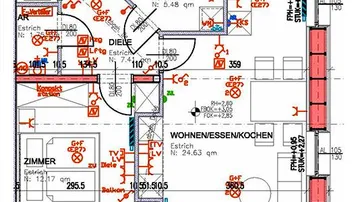Detaillierter Grundriss einer Wohnung mit offenem Wohnbereich, zwei Bädern und Balkonzugang.