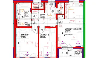 Detaillierter Grundriss einer Wohnung mit zwei Schlafzimmern, Wohnküche und Balkon.