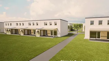 Visualisierung moderner Reihenhäuser mit Flachdach und großzügigen Grünflächen.