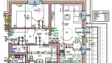 Detaillierter Grundriss einer Wohnung mit Wohnzimmer, Schlafzimmer, Bad und Balkon.