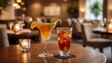 Gemütliche Restaurantatmosphäre mit zwei Cocktails auf einem Holztisch und warmer Beleuchtung.