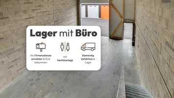 Geräumiges Lager mit Betonwänden und -boden, großer Rolltoröffnung und Blick auf weitere Lagereinheiten.