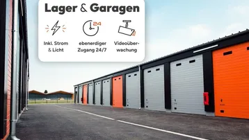 Reihe moderner Lager- und Garageneinheiten mit Videoüberwachung und 24/7 ebenerdigem Zugang.