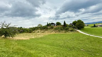 Ländliche Landschaft mit grünen Wiesen, einem Hügel mit Häusern und einem Weg unter bewölktem Himmel.