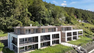 Moderne Wohnanlage mit mehreren Einheiten, eingebettet in eine grüne Hanglage mit Wald im Hintergrund.
