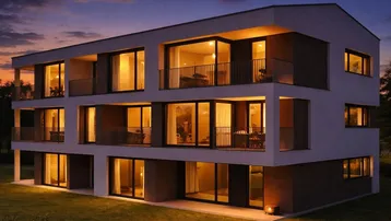 Modernes Mehrfamilienhaus bei Sonnenuntergang mit beleuchteten Balkonen und großen Fenstern.