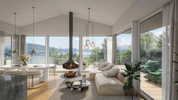 Helles Wohnzimmer mit modernem Hängekamin, Parkettboden und weitem Blick auf den See und die Berge.