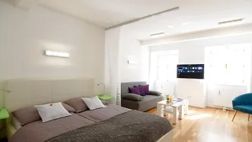 Helles Studio-Apartment mit Schlafbereich, Sofa, Fernseher und Holzboden.