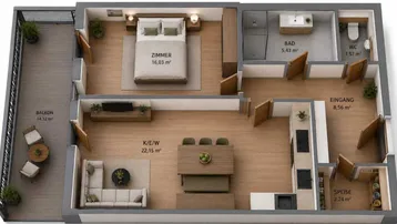Grundriss einer modernen Wohnung mit offenem Wohnbereich, Schlafzimmer und großem Balkon.