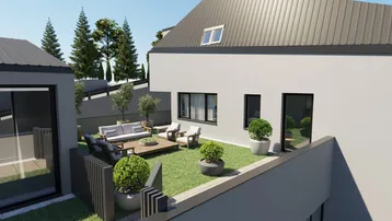 Moderne Dachterrasse mit Rasenfläche und bequemen Gartenmöbeln, ideal zum Entspannen im Freien.