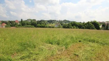Weitläufiges grünes Feld mit Blick auf die umliegende Wohnbebauung und bewaldete Hügel unter blauem Himmel.