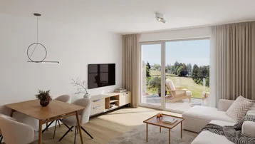 Heller, offener Wohn-Essbereich mit modernem Design, Holzboden und Zugang zur Terrasse mit grüner Aussicht.