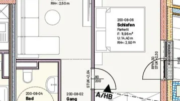 Grundriss einer Wohnung mit offener Küche, Wohnzimmer, zwei Schlafzimmern, Bad und Terrasse.
