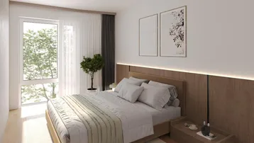 Helles Schlafzimmer mit Holzboden, großem Fenster und moderner Wandverkleidung.