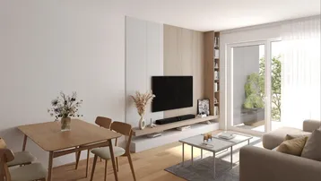 Moderner Wohn-Essbereich mit Holzboden, Esstisch und Zugang zu einem hellen Außenbereich.