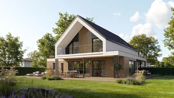 Moderne Villa mit Satteldach, großer Terrasse und gepflegtem Gartenbereich mit Rasenfläche.