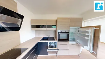 Moderne Einbauküche mit hellen Holzfronten, integrierten Geräten und schwarzer Spüle.