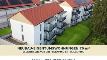Moderne Neubauwohnungen mit Balkonen, roten Dächern und Solaranlagen in grüner Umgebung.