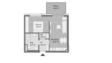 Grundriss einer Wohnung mit einem Zimmer, Bad, Wohnküche und Balkon.