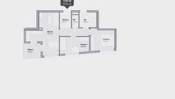 Grundriss einer Wohnung mit offenem Wohn-/Kochbereich, zwei Schlafzimmern, Bad, separatem WC und Balkon.